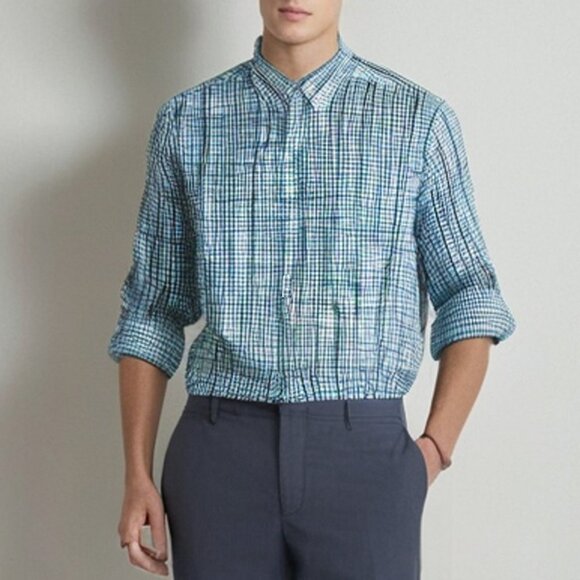 IZOD Check Button Down Shirt Non-Iron Stretch Long Sleeve Top Blue Green White - Picture 1 of 11